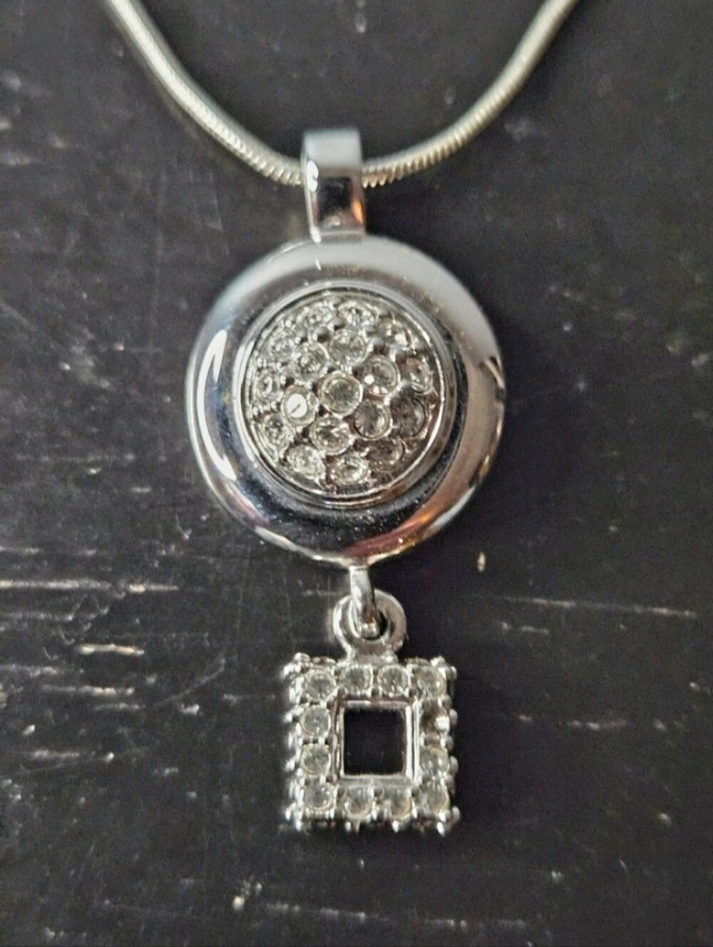 GENUINE SWAROVSKI crystal pendant slider with dangling square charm silver-tone